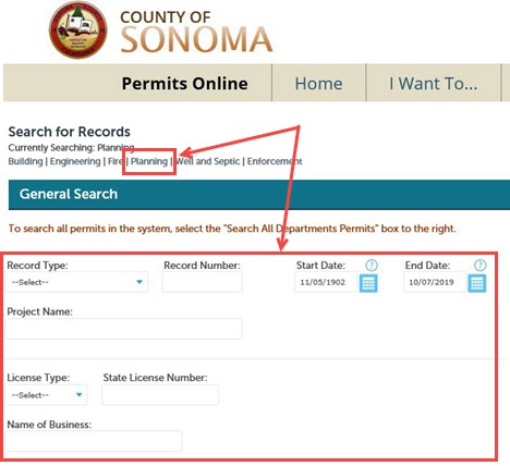 screen capture: General Search screen with link to Planning highlighted and fields for search filters highlighted