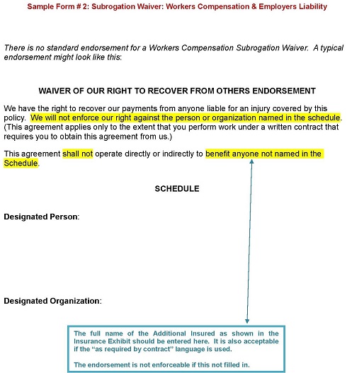 Sample Form 2 Workers Compensation Waiver Subrogation