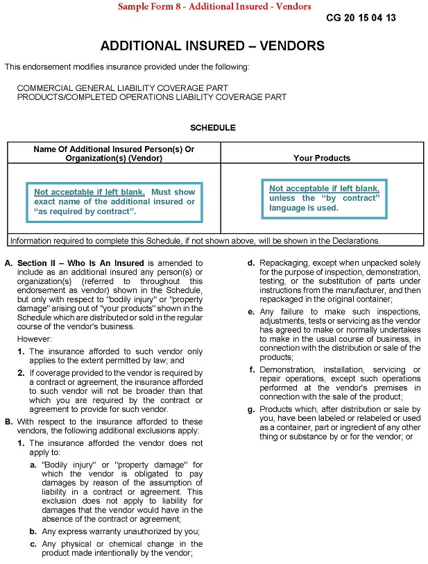 Sample Form 8 - Additional Insured - Vendors 617