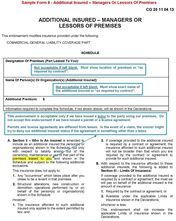 Sample Form 9 - Additional Insured – Managers Or Lessors Of Premises 617